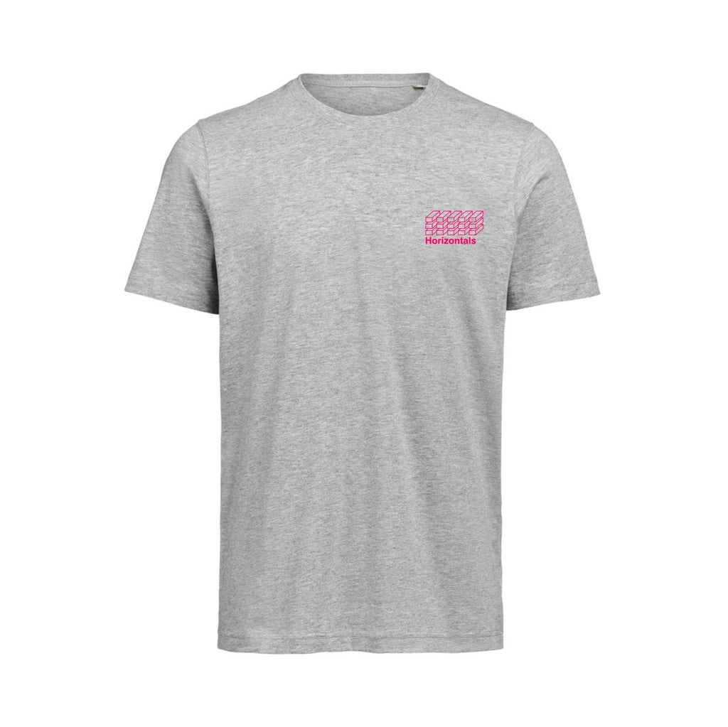 Grå t-shirt i 100% økologisk bomuld til dame og herre med minimalistisk pink logo design – høj kvalitet 
