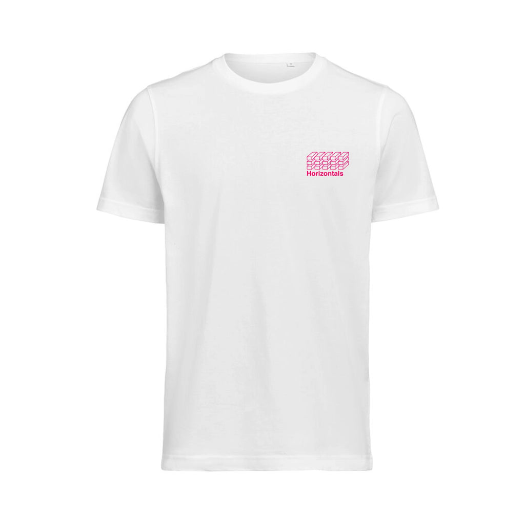 Hvid t-shirt i 100% økologisk bomuld til dame og herre med minimalistisk pink logo design – høj kvalitet